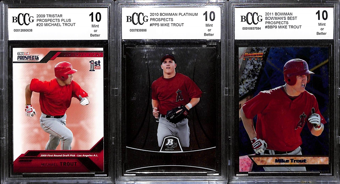 (3) Mike Trout Early Career/Rookie Cards (All Beckett BCCG 10) - 2009 Tristar #20, 2010 Bowman Platinum #PP5, 2011 Bowman's Best #BBP9