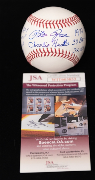 Pete Rose Signed Official MLB Baseball w. (8) Different Inscriptions! (Pete Rose Sticker & JSA COA)