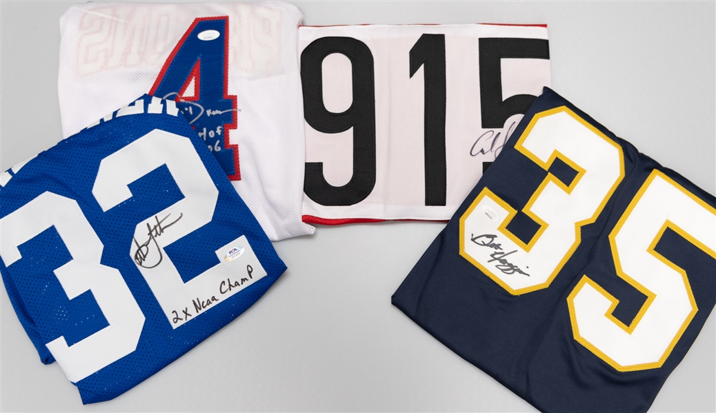 Lot of (4) Mixed Sports Autographed Jerseys Including Carl Lewis and Joe Dumars (JSA & PSA Certs)
