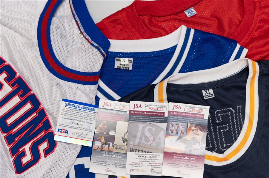 Lot of (4) Mixed Sports Autographed Jerseys Including Carl Lewis and Joe Dumars (JSA & PSA Certs)