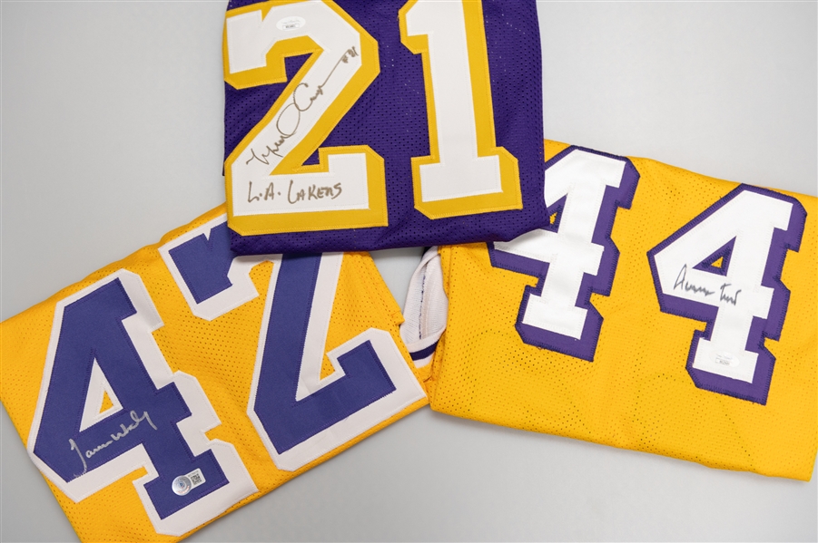 Lot of (3) Autographed Los Angeles Lakers Style Jerseys w. Jerry West, James Worthy, and Michael Cooper (JSA & Beckett Certs)