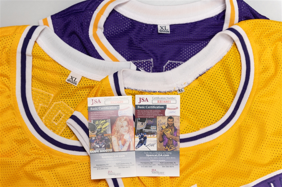 Lot of (3) Autographed Los Angeles Lakers Style Jerseys w. Jerry West, James Worthy, and Michael Cooper (JSA & Beckett Certs)