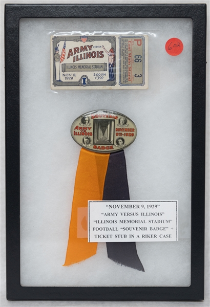 November 9, 1929 Army vs. Illinois - Illinois Memorial Stadium Football Souvenir Badge and Ticket Stub