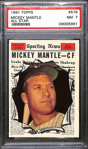 Pack-Fresh 1961 Topps Mickey Mantle #578 All-Star Card Graded PSA 7 NM