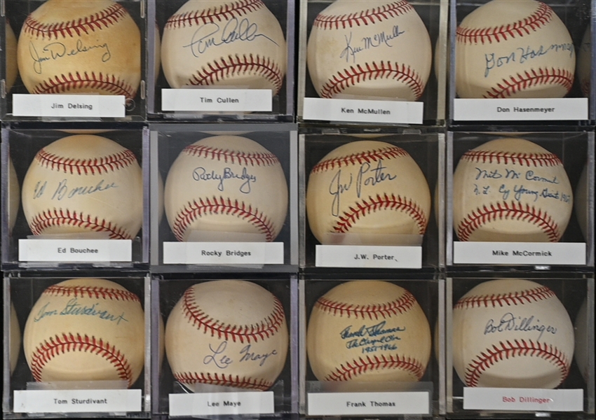 Lot of (12) Vintage Single Signed Baseballs w. Rocky Bridges, Frank Thomas, & Bob Dillinger - JSA Auction Letter