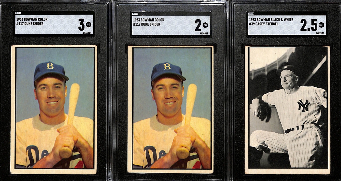 3-Card 1953 Bowman Lot - (2) Duke Snider Color #117 (SGC 3 and SGC 2) and Casey Stengel Black & White #39 (SGC 2.5)