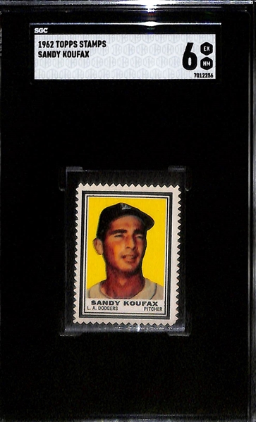 1962 Topps Stamps - Mickey Mantle (SGC 4), Willie Mays (SGC 5.5), Sandy Koufax (SGC 6)