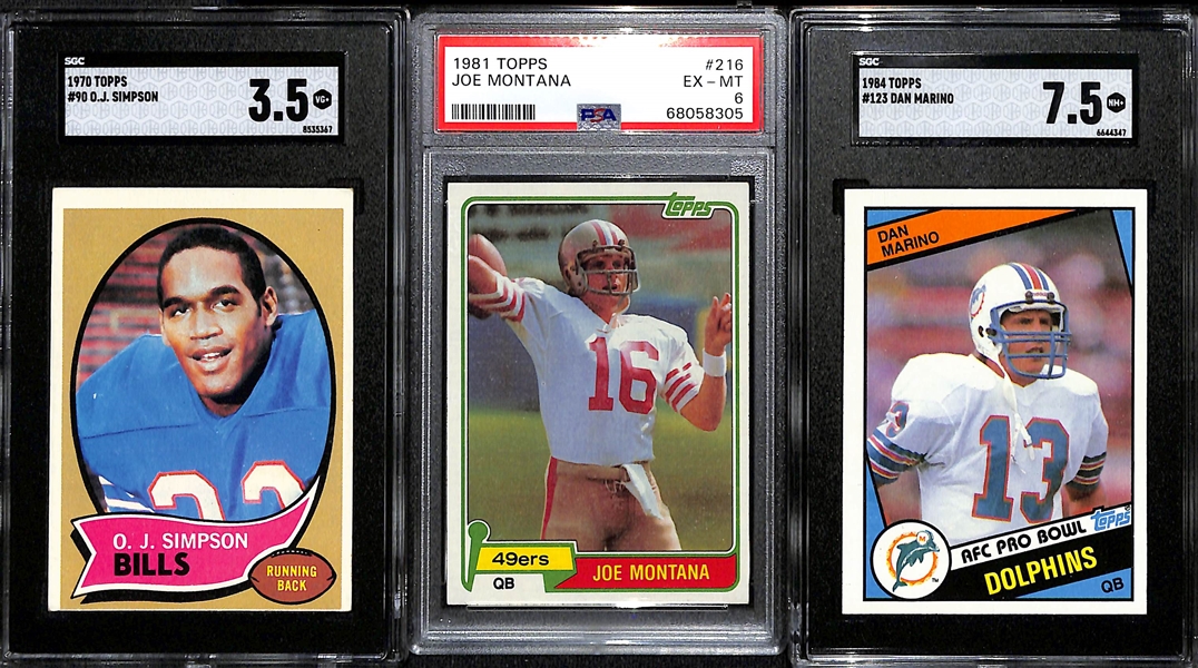Football Rookie Lot - 1970 Topps OJ Simpson (SGC 3.5), 1981 Topps Joe Montana (PSA 6), 1984 Topps Dan Marino (SGC 7.5)