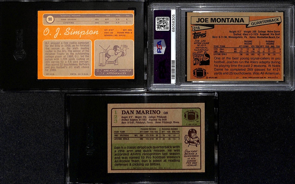 Football Rookie Lot - 1970 Topps OJ Simpson (SGC 3.5), 1981 Topps Joe Montana (PSA 6), 1984 Topps Dan Marino (SGC 7.5)