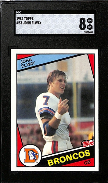 Football Rookie Lot - 1981 Topps Joe Montana (PSA 5), 1984 John Elway (SGC 8), 1984 Topps Dan Marino (SGC 4.5)