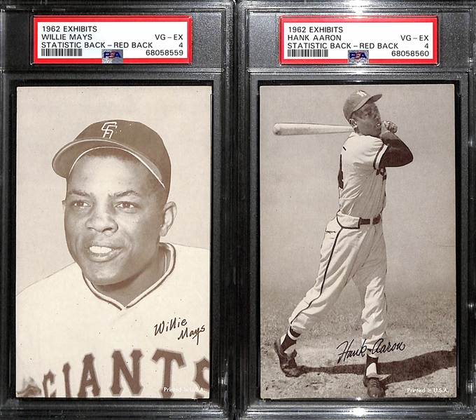 1962 Exhibits Statistic Red Back Willie Mays (PSA 4) & Hank Aaron (PSA 4)
