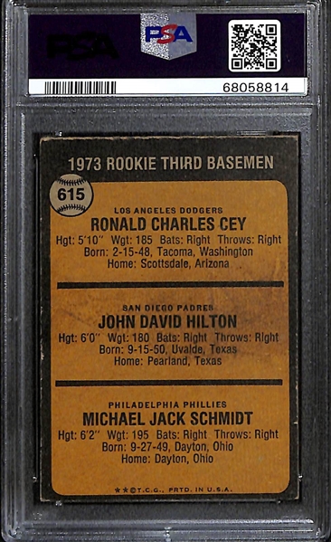 1973 Topps Autographed Mike Schmidt Rookie Card #615 (Card Grade 3, Auto Grade 9)