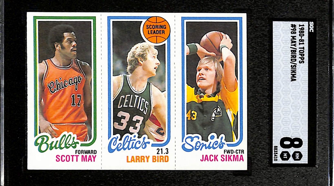 1980-91 Topps Larry Bird (Leaders Rookie) w. Jack Sikma & Scott May Graded SGC 8