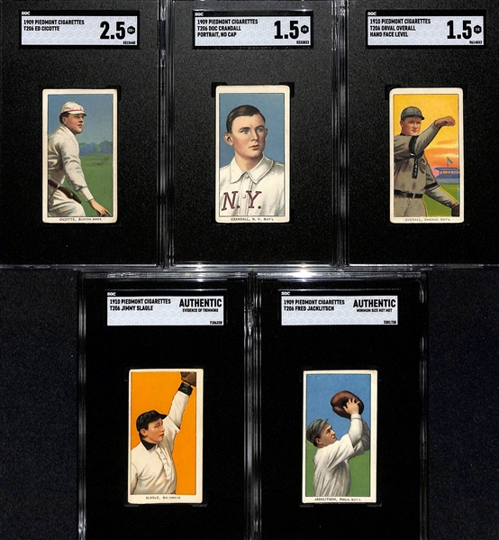 (5) Graded 1909-11 T206 Piedmont Cards - Ed Cicotte (SGC 2.5), Doc Crandall (SGC 1.5), Orval Overall (SGC 1.5), Jimmy Slagel (SGC Auth.), Fed Jacklitsch (SGC Auth)