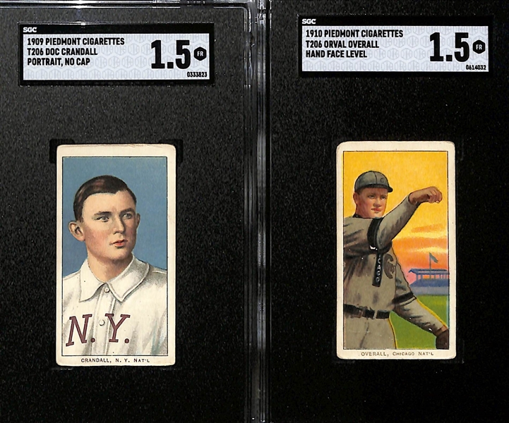 (5) Graded 1909-11 T206 Piedmont Cards - Ed Cicotte (SGC 2.5), Doc Crandall (SGC 1.5), Orval Overall (SGC 1.5), Jimmy Slagel (SGC Auth.), Fed Jacklitsch (SGC Auth)