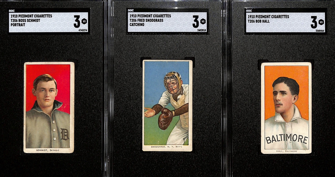 (3) SGC 3 (VG) Graded 1909-11 T206 Piedmont 350 Cards - Boss Schmidt (Portrait), Fred Snodgrass (Catching), Bob Hall