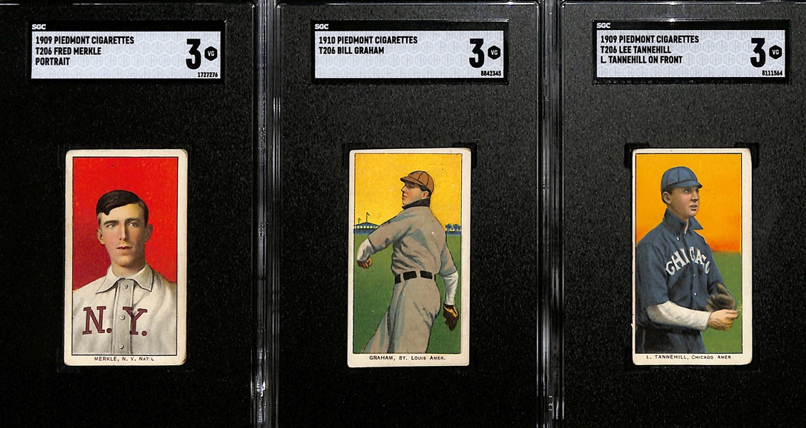 (3) SGC 3 (VG) Graded 1909-11 T206 Piedmont Cards - Fred Merkle (Portrait), Bill Graham, Lee Tannehill (L. Tannehill on Front)