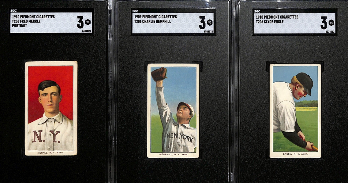 (3) SGC 3 (VG) Graded 1909-11 T206 Piedmont Cards - Fred Merkle (NY Giants - Portrait), Hemphill (NY Yankees), Engle (NY Yankees)