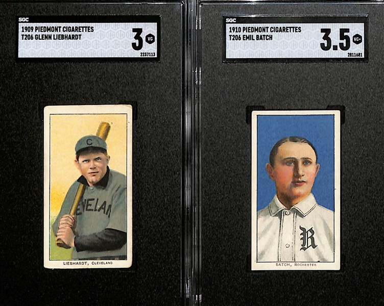 (2) Graded 1909-11 T206 Cards - Glenn Liebhardt SGC 3 (Cleveland - Piedmont 150), Emil Batch SGC 3.5 (Rochester  - Piedmont 350)
