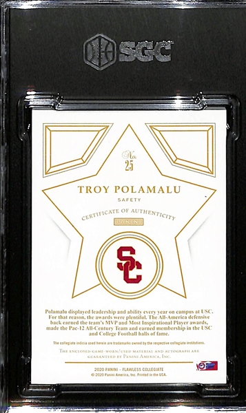 2021 Panini Flawless Collection Troy Polamalu '20 Star Swatch Signatures #1/25 SGC 9 w. Auto Grade 10
