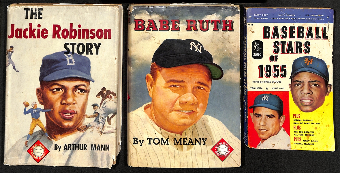 Lot of (3) 1950s Vintage Baseball Books & (20) 1954 Bowman Football Cards w. Babe Ruth, The Jackie Robinson Story, Y.A. Tittle and More