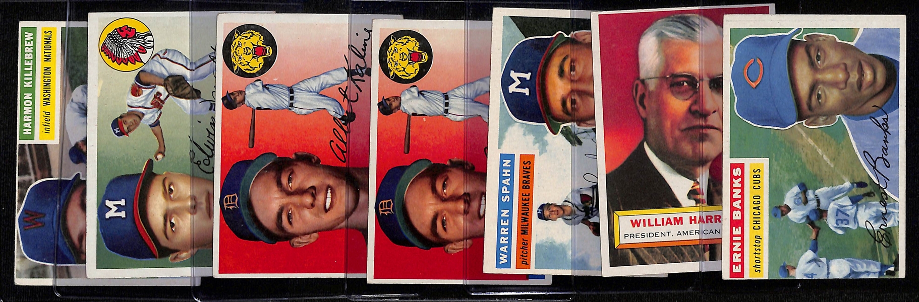 Lot of (6) 1956 Topps Baseball Cards w. Ernie Banks, W. Harridge (Card # 1), Warren Spahn and Others