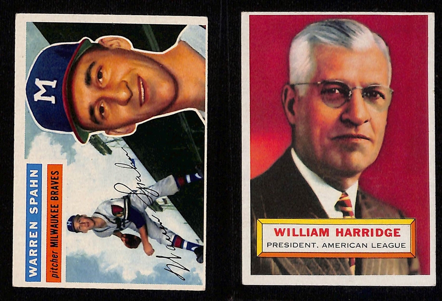 Lot of (6) 1956 Topps Baseball Cards w. Ernie Banks, W. Harridge (Card # 1), Warren Spahn and Others