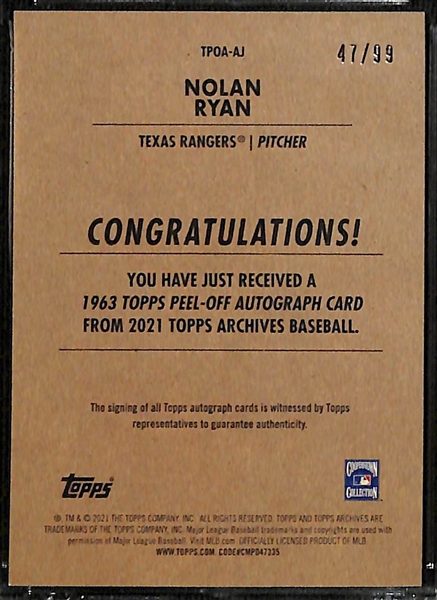 2021 Topps Archives Nolan Ryan 1963 Peel-Off On card Autograph #d /99