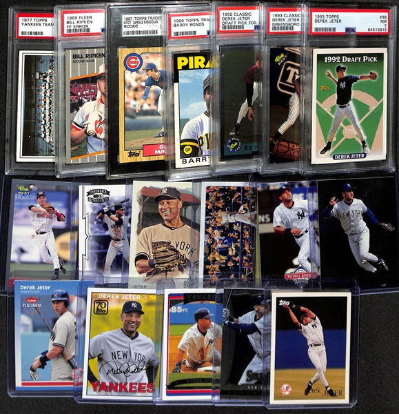 Lot of (18) Baseball Cards w. (7) Graded Including (3) Derek Jeter RCs, Barry Bonds RC, Greg Maddox RC, and More