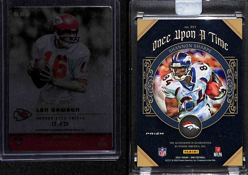 Lot of (2) Modern NFL Hall of Fame Autographed Cards w. Len Dawson /25 and Shannon Sharpe /6