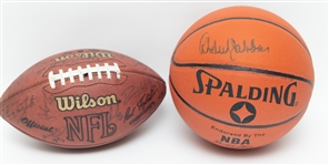 Kareem Abdul-Jabbar Autographed Spalding Basketball & 2002-03 NY Jets Team Signed Football (JSA Auction Letter)