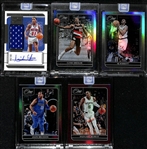 Lot of (4) 2021-22 Panini One and One Basketball Cards w. Isiah Thomas Auto Game Worn Patch #d /99 and Clyde Drexler #d 3/5