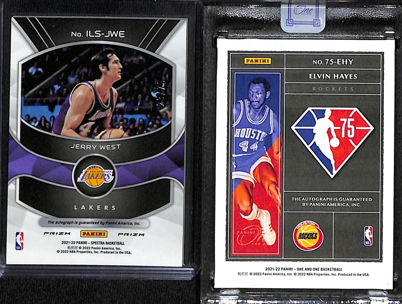 Lot of (2) Modern NBA Autographed Cards of NBA HOF Legends Jerry West #d /75 and Elvin Hayes #d /99