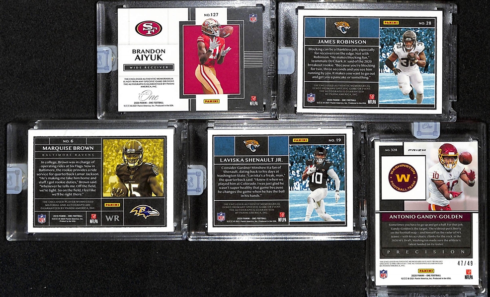 Lot of (5) Panini One Football Patch Autograph Cards w. Aiyuk, James Robinson, Brown, Shenault, & Gandy-Golden