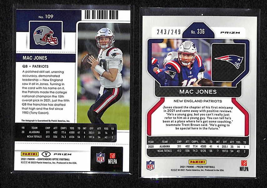 Lot of (2) Mac Jones Rookie Cards w. Contenders Optic Autograph Card & Orange Prizm #/249