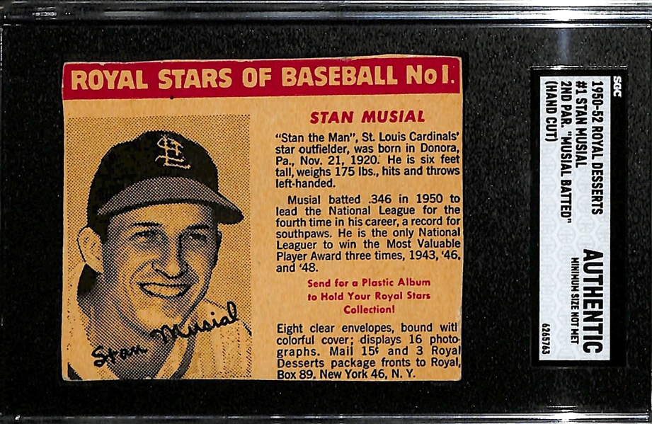 Rarely Seen 1950-52 Royal Desserts Stan Musial #1 (Hand Cut) Graded SGC Authentic (Musial Batted Variation)