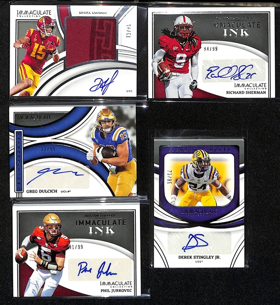 Lot of (5) 2022 Panini Immaculate Autograph Cards w. Drake London Rookie Patch Auto and Autographs of Richard Sherman, Greg Dulcich, Stingley, +