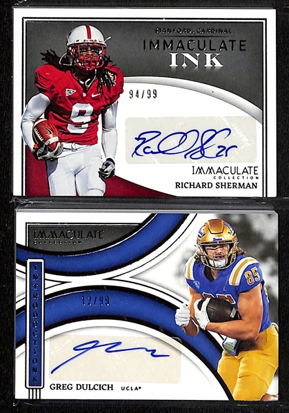 Lot of (5) 2022 Panini Immaculate Autograph Cards w. Drake London Rookie Patch Auto and Autographs of Richard Sherman, Greg Dulcich, Stingley, +
