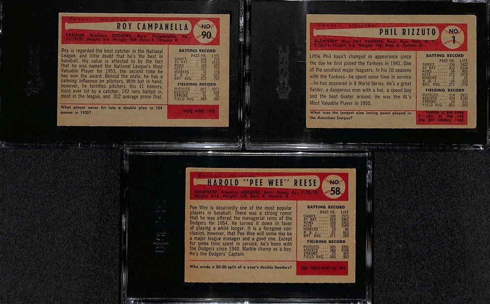 (3) 1954 Bowman Cards - Roy Campanella #90 (SGC 3) & Phil Rizzuto #1 (SGC 3), Pee Wee Reese #58 (SGC 4.5)
