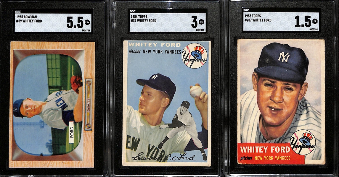 (3) Graded Whitey Ford Cards - 1953 Topps (SGC 1.5), 1954 Topps (SGC 3), 1955 Bowman (SGC 5.5) 