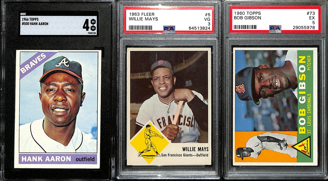 Lot of (3) 1960s Baseball Cards w. Hank Aaron, Willie Mays and Bob Gibson