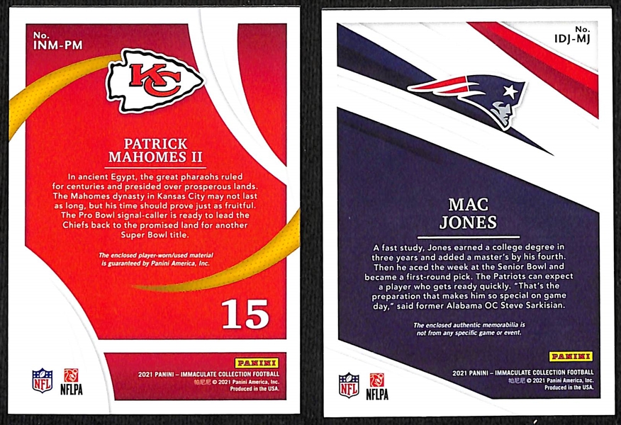 Lot of (2) 2021 Panini Immaculate Patch Cards w. Mahomes #/15 & Mac Jones Rookie #/25