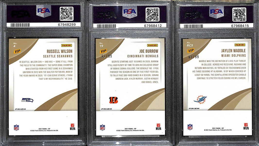 Lot of (3) PSA Graded Panini National VIP Cards w. Russell Wilson, Joe Burrow, & Jaylen Waddle