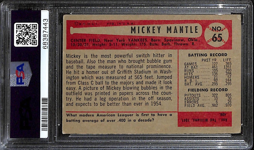 1954 Bowman Mickey Mantle #65 Graded PSA 3