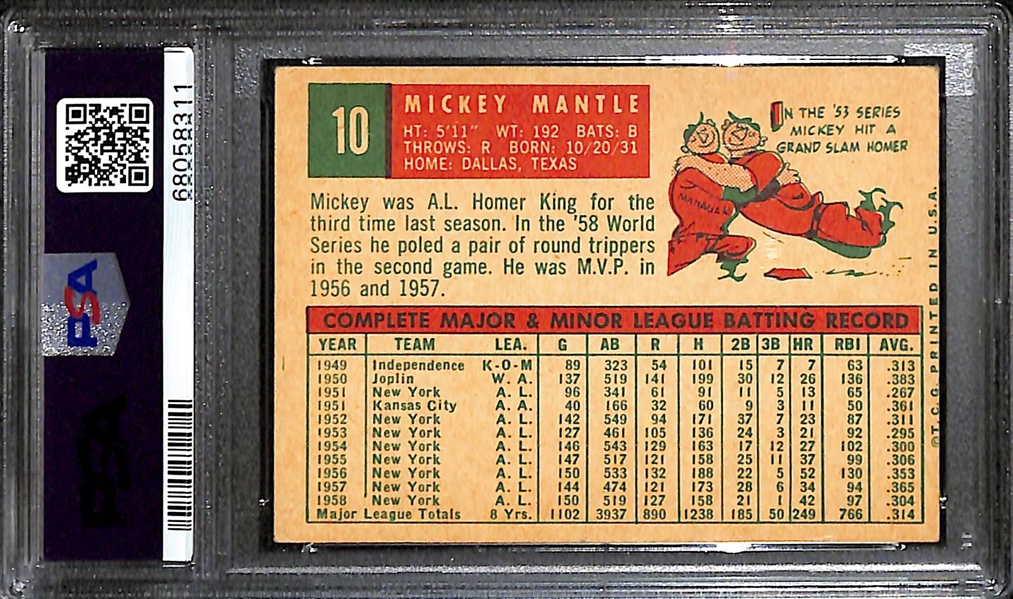 1959 Topps Mickey Mantle #10 Graded PSA 4 VG-EX