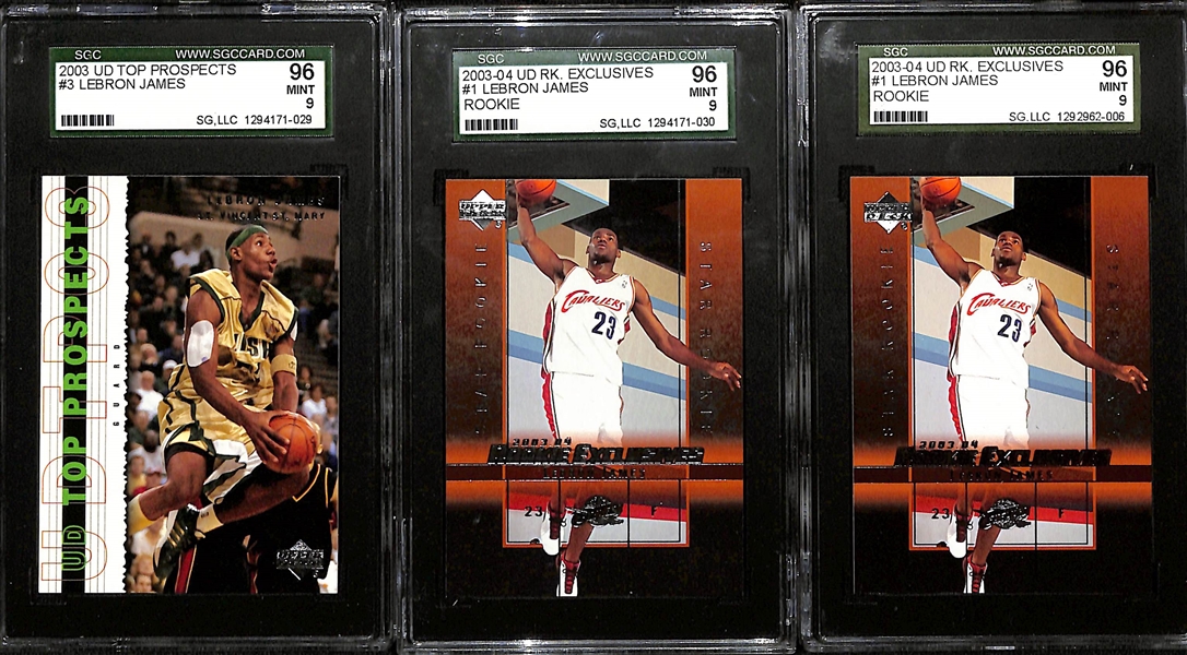 Lot of (3) Graded LeBron James Rookie Cards w. (2) 2003-04 UD Exclusives #1 SGC 9 Mint