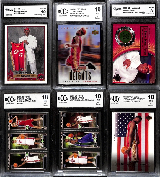 Lot of (6) Graded LeBron James Rookies Cards w. 2003 Topps #221 GMA 10