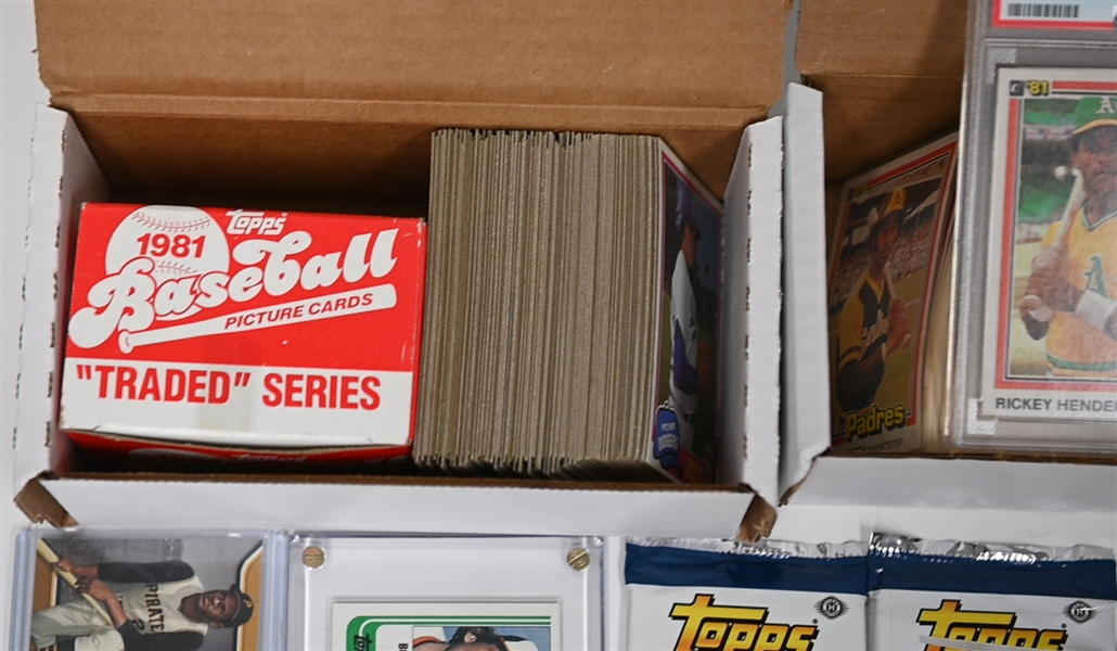 Lot of 1981 Baseball Sets Including (2) Topps Traded, Donruss Set w. Rickey Henderson PSA 8, Many Inserts, Packs and More
