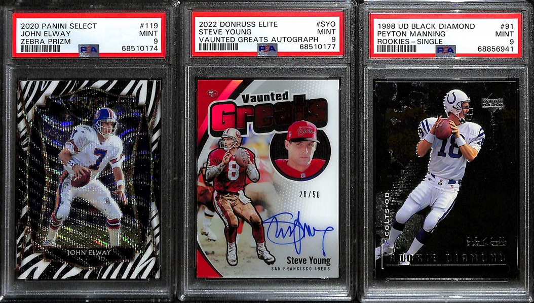 Lot of (3) Football PSA 9 Graded Cards w. Steve Young Auto #d/50, John Elway Zebra Prizm, and Peyton Manning Rookie