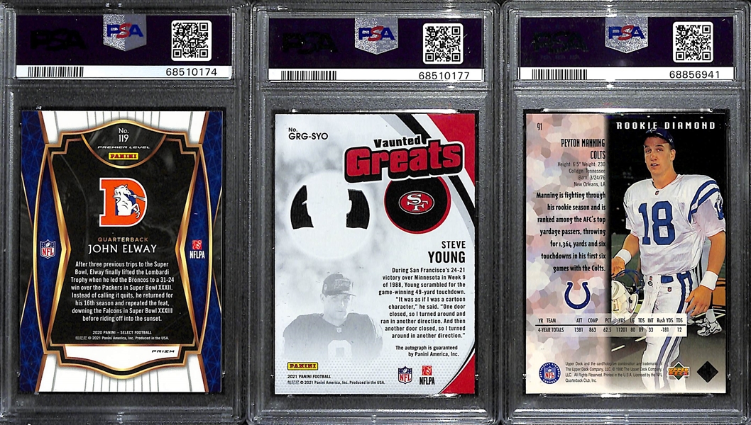 Lot of (3) Football PSA 9 Graded Cards w. Steve Young Auto #d/50, John Elway Zebra Prizm, and Peyton Manning Rookie